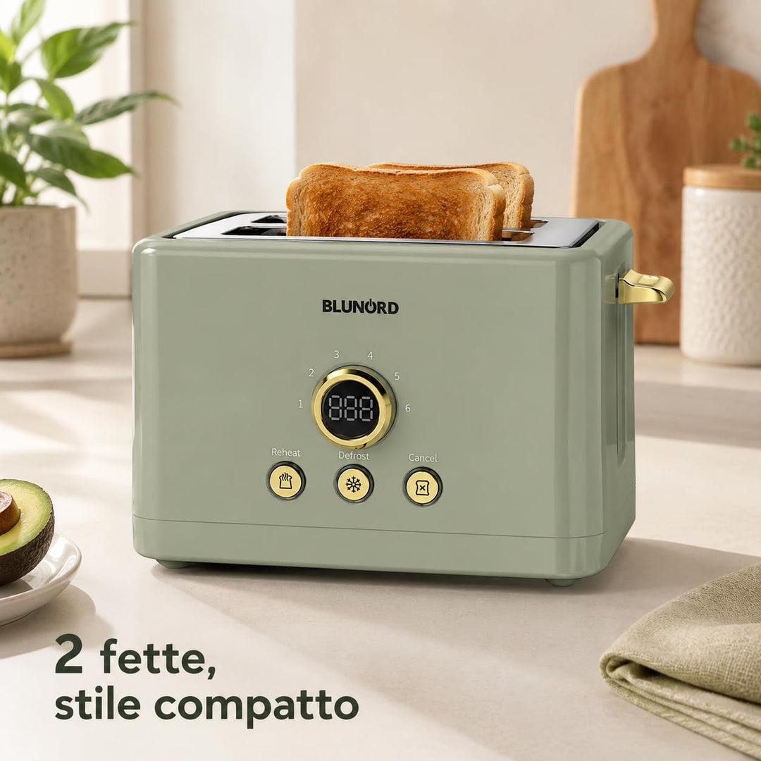 Toaster mit 2 Scheiben, digital, grün, 750 – 850 W, LED-Display, 6 Bräunungsstufen, Auftau- und Aufw