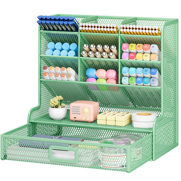 VITVITI Schreibtisch Organizer, 9 Fächer Stiftehalter mit Schublade, Netz Stifte Regal aus Metall, S