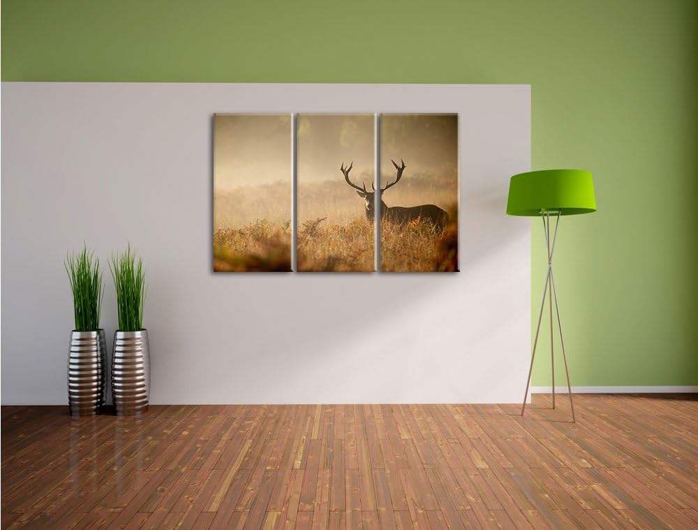 Pixxprint Rotwild Hirsch im Nebel als Leinwandbild | Grösse: 3 Teilig (120x80) | Wandbild| Kunstdruc
