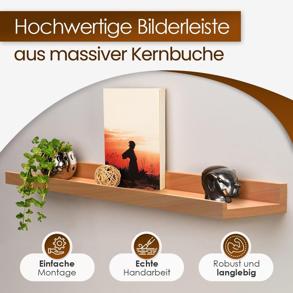 Bilderleiste Kernbuche 40cm - Wandregal Holz [inkl. Schraubenabdeckungen aus Echtholz] Regalbrett Ho