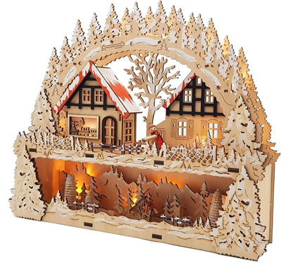 Wichtelstube-Kollektion Holzkunst LED Schwibbogen mit Podest Winterdorf im Erzgebirge Schwibbogen Li