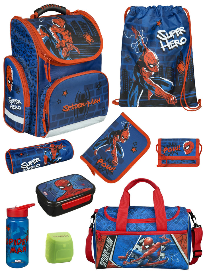 Schulranzen-Set Marvel Spiderman 9 tlg. mit Federmappe, Dose, Flasche, grosser Sporttasche und Regen