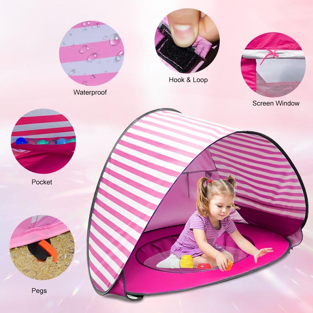 Strandmuschel Pop Up, Baby Strandmuschel mit Mini Pool, Baby Strand Zelt mit UV-Schutz 50+, Pop Up S