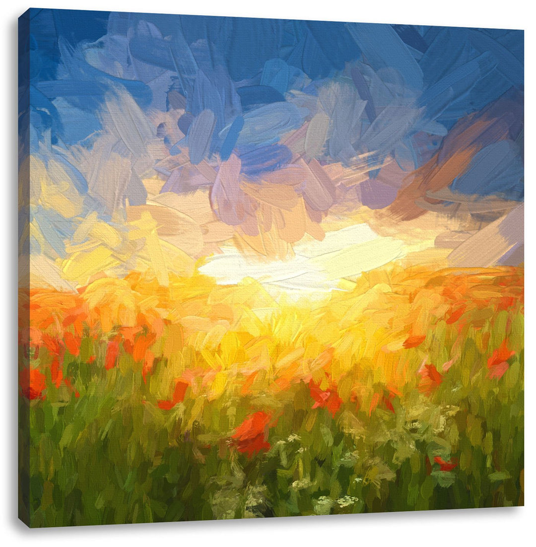 Pixxprint Mohnwiese in der Sonne als Leinwandbild/Grösse: 70x70 cm/Wandbild/Kunstdruck/fertig bespan