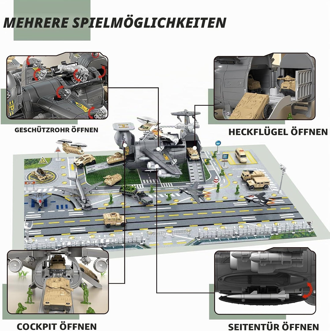Militär Transport Fracht Flugzeug Militärflugzeug Autos Spielzeug mit Fahrzeug Soldaten Hubschrauber