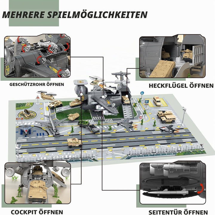 Militär Transport Fracht Flugzeug Militärflugzeug Autos Spielzeug mit Fahrzeug Soldaten Hubschrauber