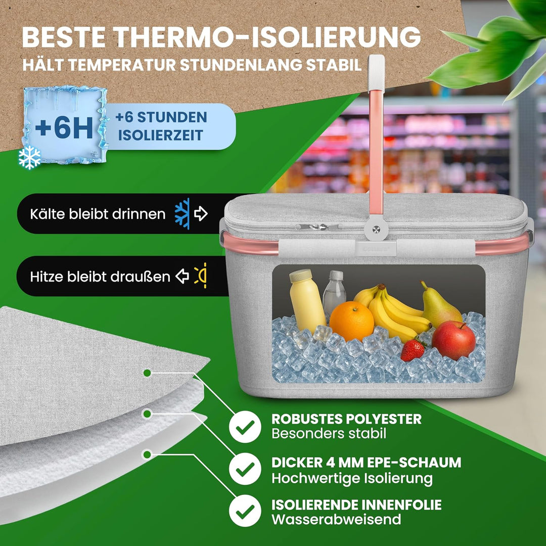 Cottara® Thermo Einkaufskorb Kühltasche gross | isolierter Einkaufskorb mit Deckel, verstärktem Bode