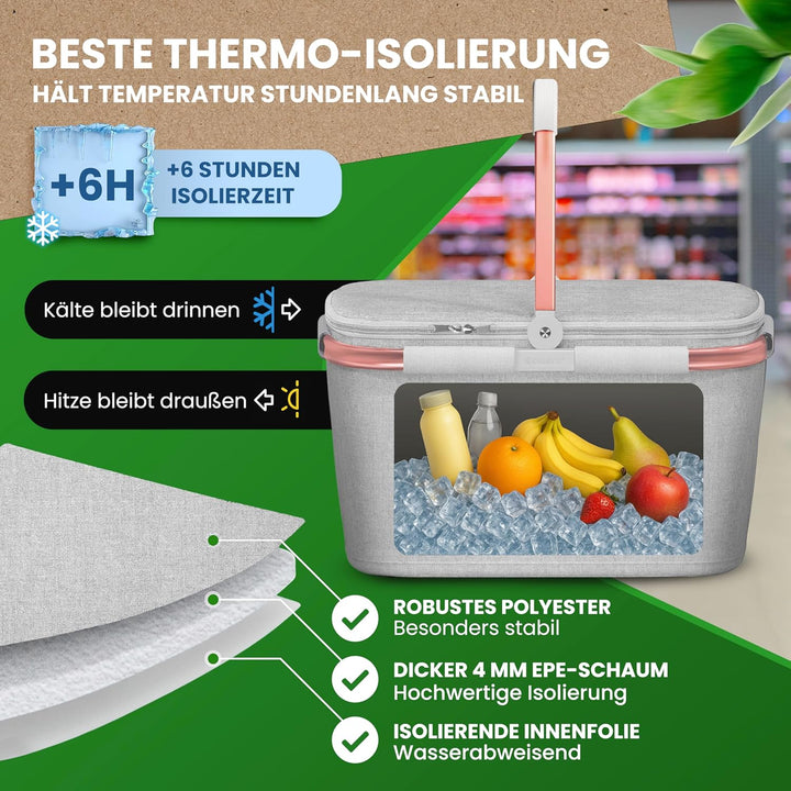 Cottara® Thermo Einkaufskorb Kühltasche gross | isolierter Einkaufskorb mit Deckel, verstärktem Bode