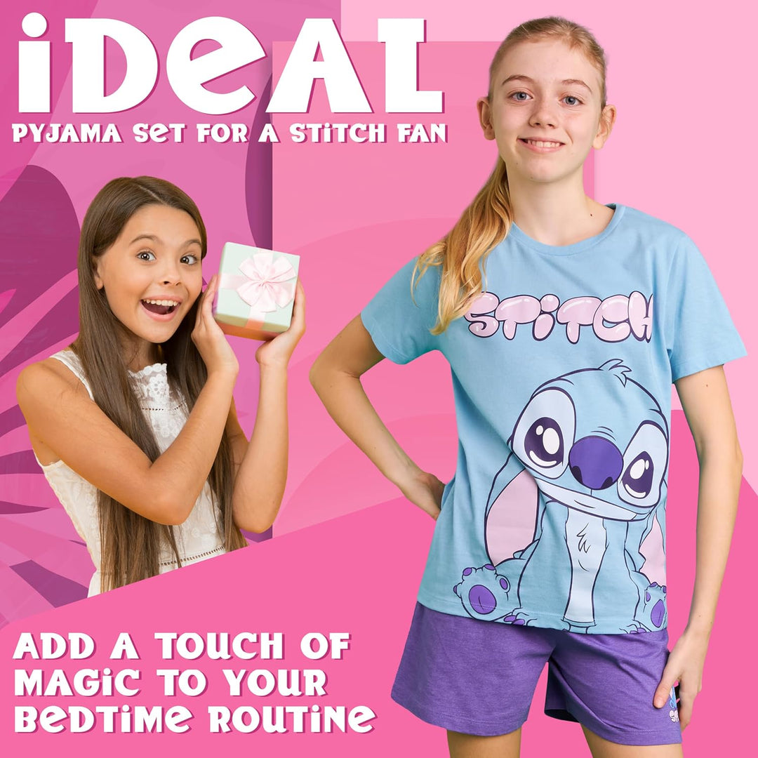 Disney Stitch Schlafanzug Mädchen Kurz, Pyjama T-Shirt & Shorts - Stitch Sachen 6-7 Jahre Blau/Lila
