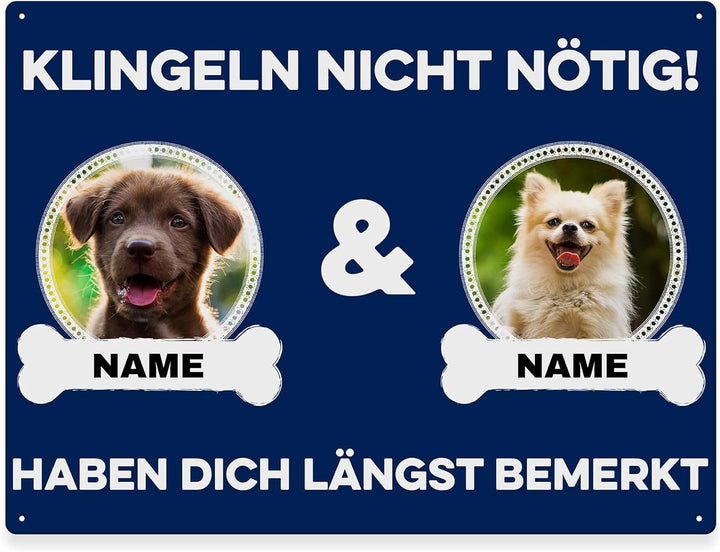 Hunde Schild personalisiert - Klingeln nicht nötig - Metallschild mit Foto und Name für aussen, wett