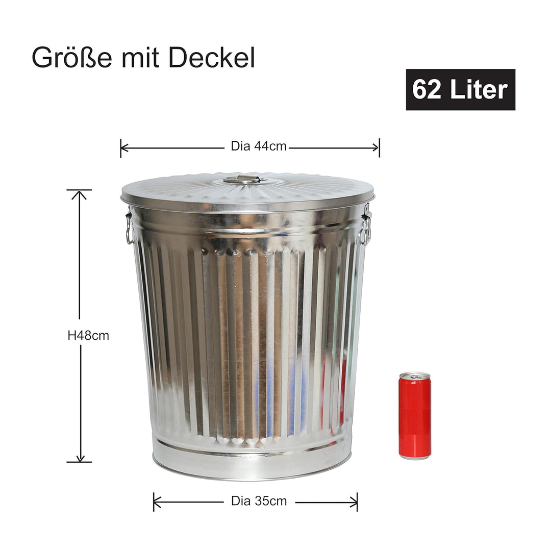 Jinfa 1 Retrodesign Metalleimer mit Griffen und Deckel + 30 Müllbeutel | Zink | 62L 1 Mülleimer 62L