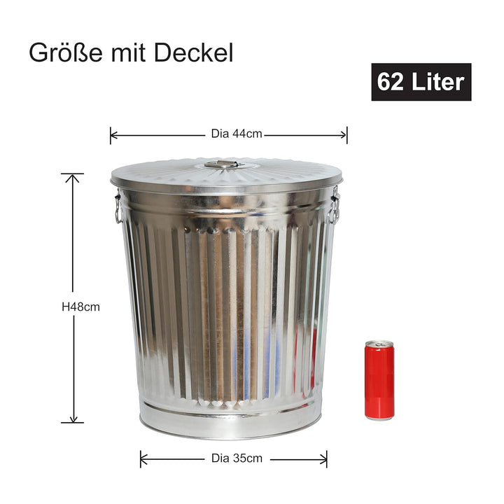 Jinfa 1 Retrodesign Metalleimer mit Griffen und Deckel + 30 Müllbeutel | Zink | 62L 1 Mülleimer 62L