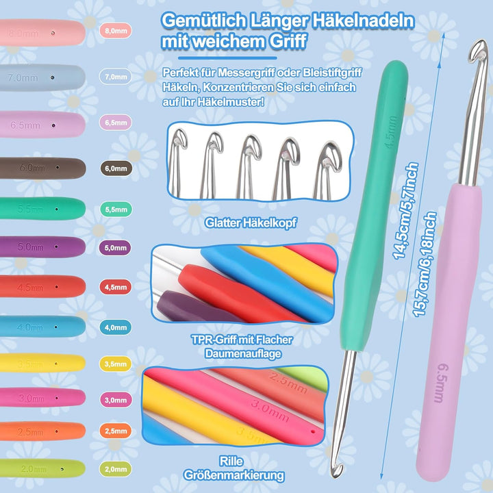 Coopay Häkelset für Anfänger, Blaue Blume Häkelnadel Set mit 2,0-8,0 mm Ergonomisch Häkelnadeln mit