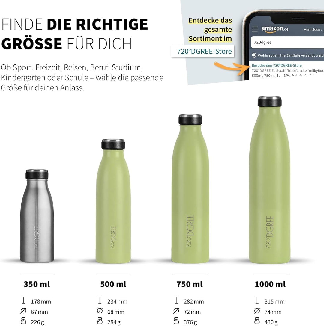 720°DGREE Edelstahl Trinkflasche “milkyBottle” - 500ml - Perfekt für Kinder, BPA-Frei, Auslaufsicher