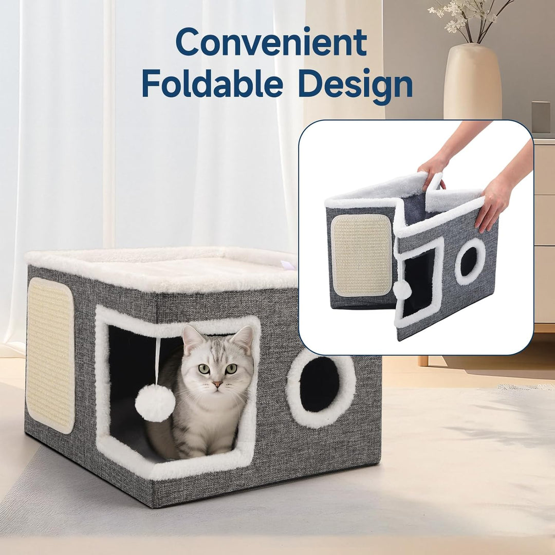 Faltbares Katzenhaus Indoor grosse Katzen, 43L x 43B x 32H cm Grosse Katzenhöhle mit Kratzbrett und