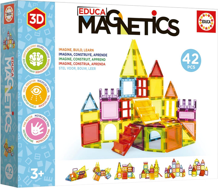 Educa - Magnetic | Magnetische Bausteine Kinder 42 Teile | 3D-Magnetbaukasten mit Fenstern & Spitzen