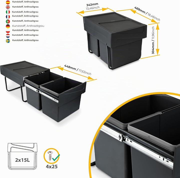 Emuca - Recyclingbehälter für Küche, 2 x 15 L, Bodenbefestigung und Handauszug, Kunststoff, Schwartz