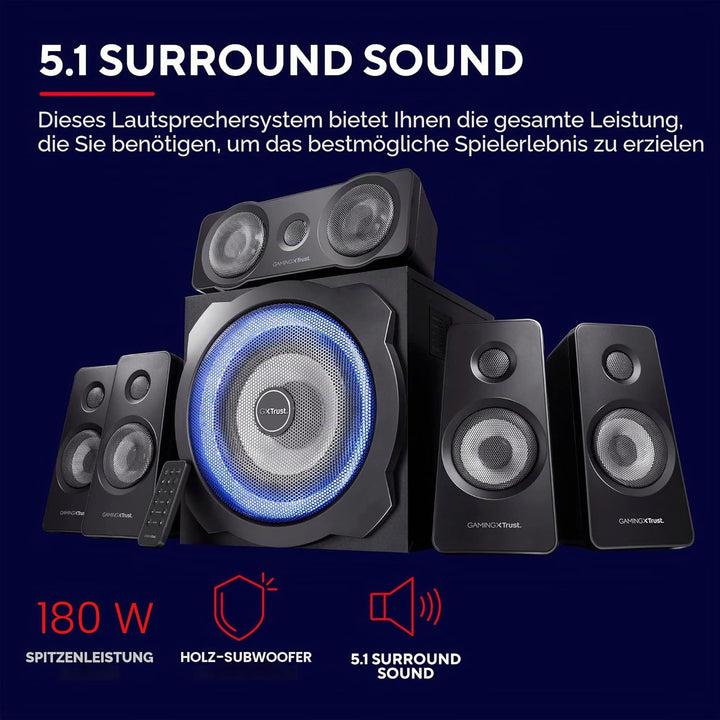 Trust Gaming GXT 658 Tytan 5.1 Surround PC Lautsprecher mit Subwoofer, 180 W (90 W RMS), Speakers mi