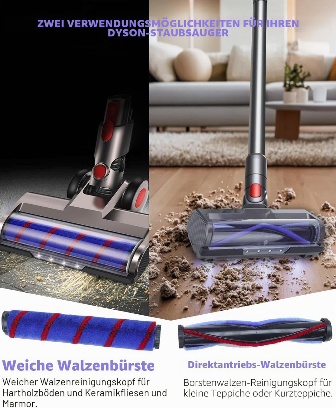 Staubsaugerkopf-Ersatz für Dyson V7 V8 V15 V10 V11 SV14 SV12 SV11 SV10 Staubsauger mit 4 LED-Scheinw