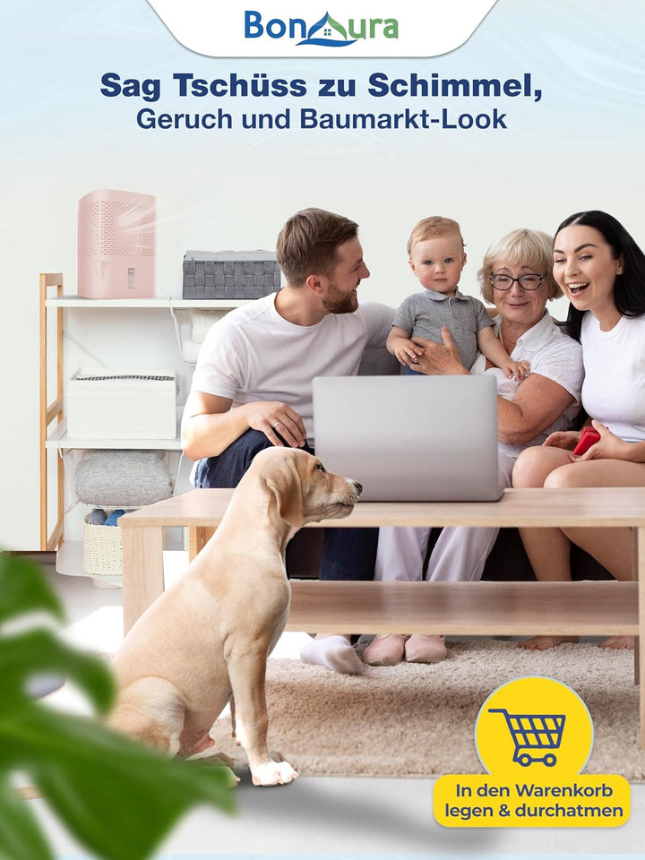 BonAura® AirOne Luftentfeuchter ohne Strom bis 23m² I 360° Belüftung I Raumentfeuchter mit Ausgiesse