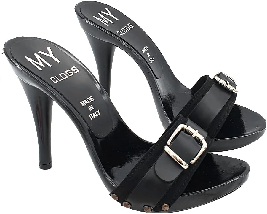 Schwarze CLOGS mit Riemen und Absatz 12 - MY7544 NERO (38 EU, SCHWARZ) 38 EU Schwarz, 38 EU Schwarz