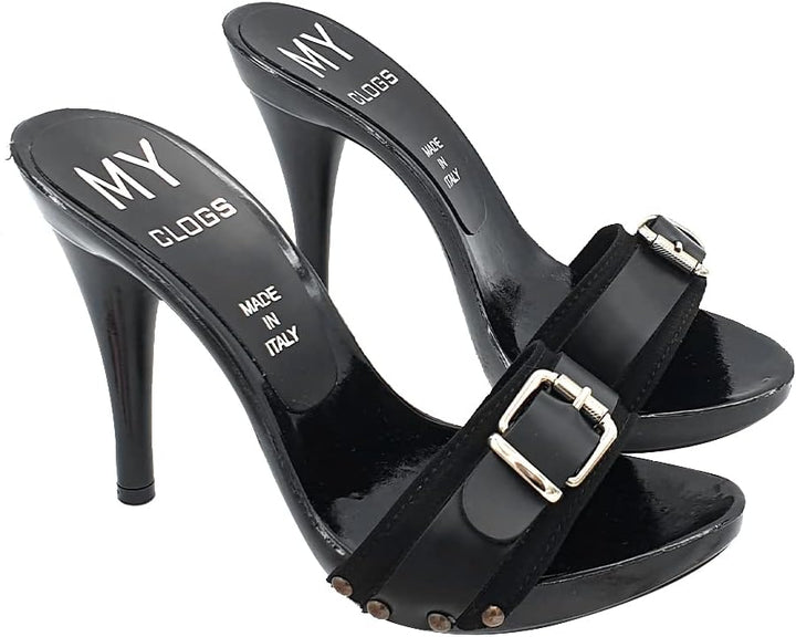 Schwarze CLOGS mit Riemen und Absatz 12 - MY7544 NERO (38 EU, SCHWARZ) 38 EU Schwarz, 38 EU Schwarz