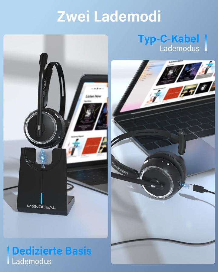 MONODEAL Bluetooth Headset mit Mikrofon, Wireless Headset mit Stummschalttaste, 65 Stunden Anrufe, H