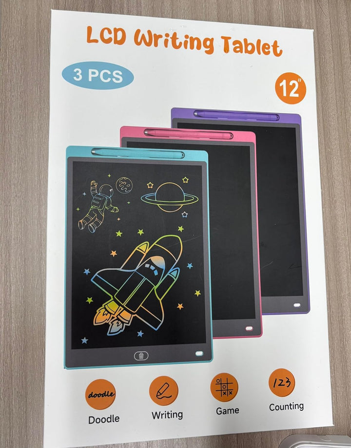 LCD Schreibtafel 3 Stück, 12 Zoll Maltafel mit Abschliessbar Löschen-Taste, Schreibtafel mit Stift,
