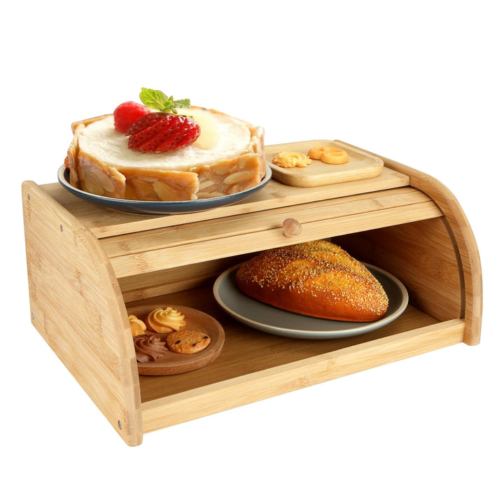 Brotkasten Holz, Brotkästen aus Bambus, 40 x 27 x 16,5 cm, Brotbox aus Holz mit Rolldeckel, Aufbewah