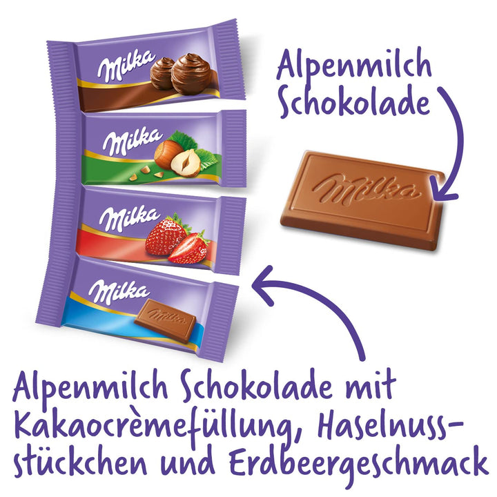 Milka Naps Mix 1 x 1,702 kg, Mini-Schokoladentäfelchen aus Alpenmilch, Erdbeer, Haselnuss und Crème