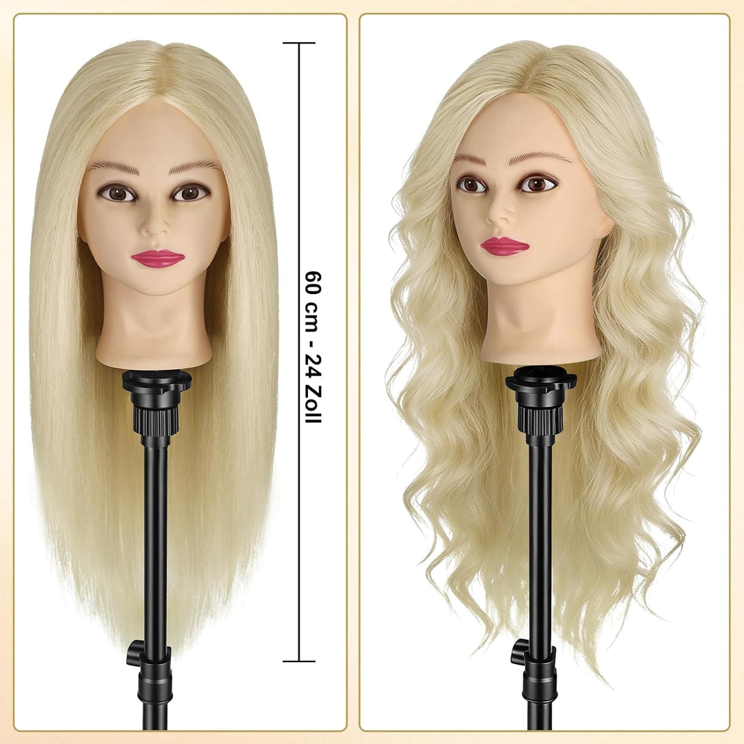 TwoWin Frisierkopf 80% Echthaar, Übungskopf 24 Zoll /60cm Friseurkopf, Trainingskopf für Friseure fü
