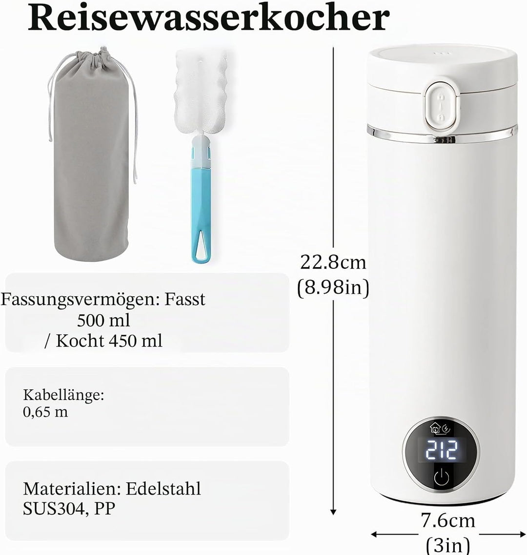Tragbarer Reise-Wasserkocher 500 ml mit USB-C-Ladegerät, elektrischer Wasserkocher mit Tragegriff un