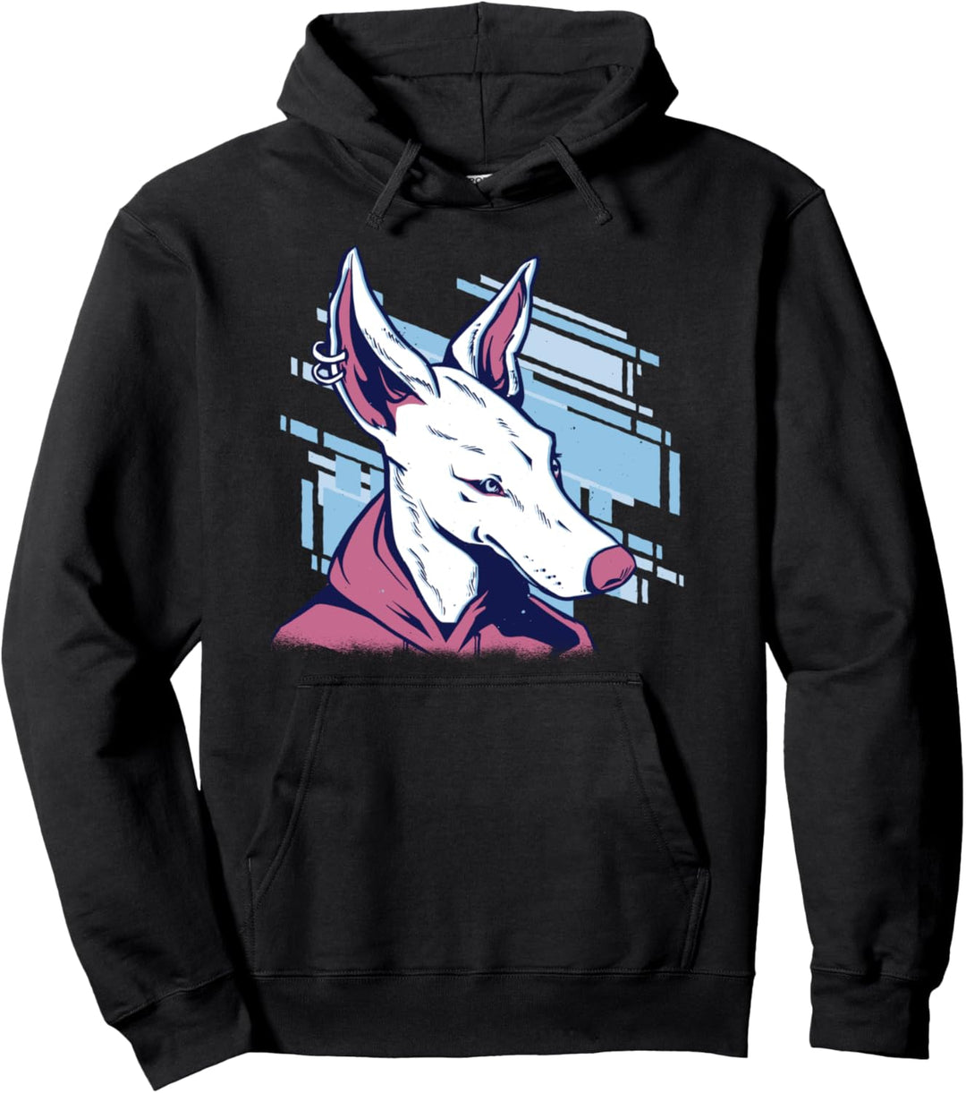 Coole Hip-Hop-Hundefigur mit Ohrpiercings. Pullover Hoodie