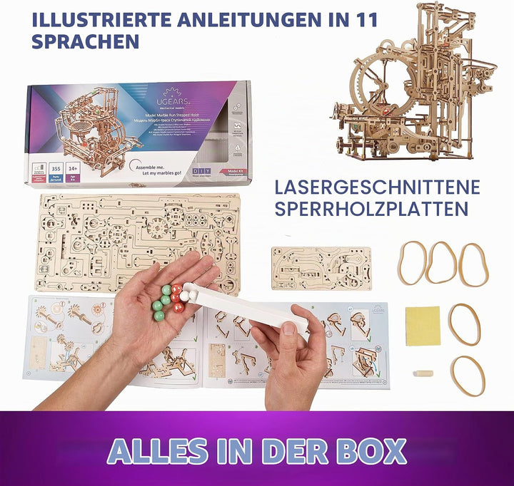 UGEARS Holz-Kugelbahn-Set – Vatertagsgeschenk, 3D-Puzzle, Holz-Kugelbahn, Stufenaufzug mit 3-stufige