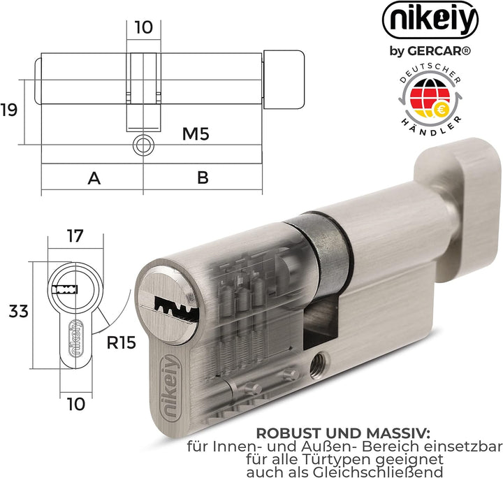 GERCAR Pro Gleichschliessend 2 Knaufzylinder 30/30 Set 2x Schliesszylinder mit Knauf inkl. 10 Schlüs