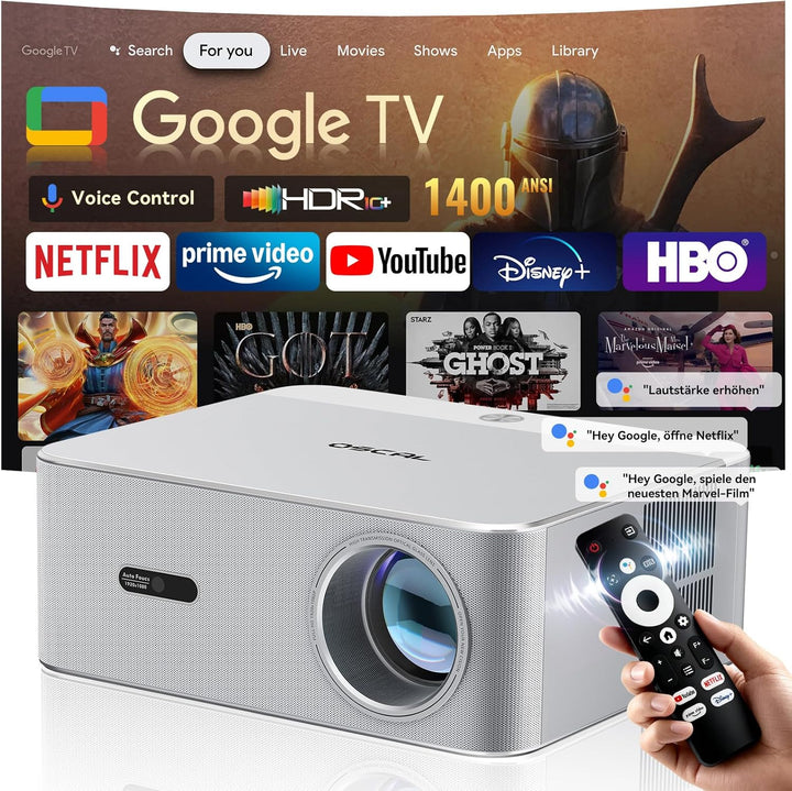 OSCAL PV800Pro 4K Smart Beamer 1400 ANSI-Lumen, WiFi 6, Zertifiziert Google TV, Netflix, 10000+ Apps