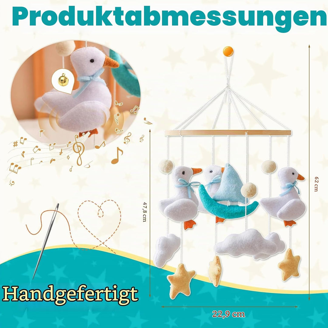 Mobile Babybett, Handgefertigt Bambus Filz Mobile mit weissen Enten, Wolken und gelben Sternen, Häng