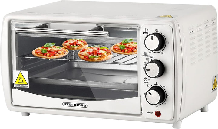 Mini Backofen 13 Liter | 1200 Watt | Pizzaofen | 65°-230°C | Timer | aufklappbares Krümelblech | Min