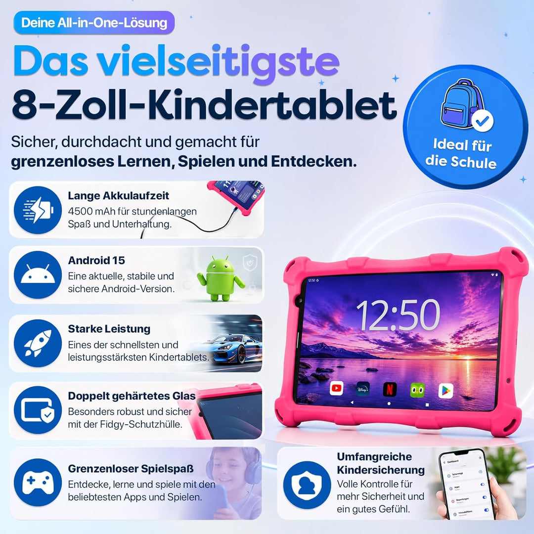 AngelTech Kinderpaket PRO MAX - Kinder Tablet PRO MAX + Kinder Kopfhörer - Android 14 - Kombi Paket