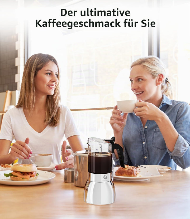 Coffee Gator Espressokocher Herdplatten, Espresso Mokkakanne aus Klarglas & Edelstahl - Kaffee Nach