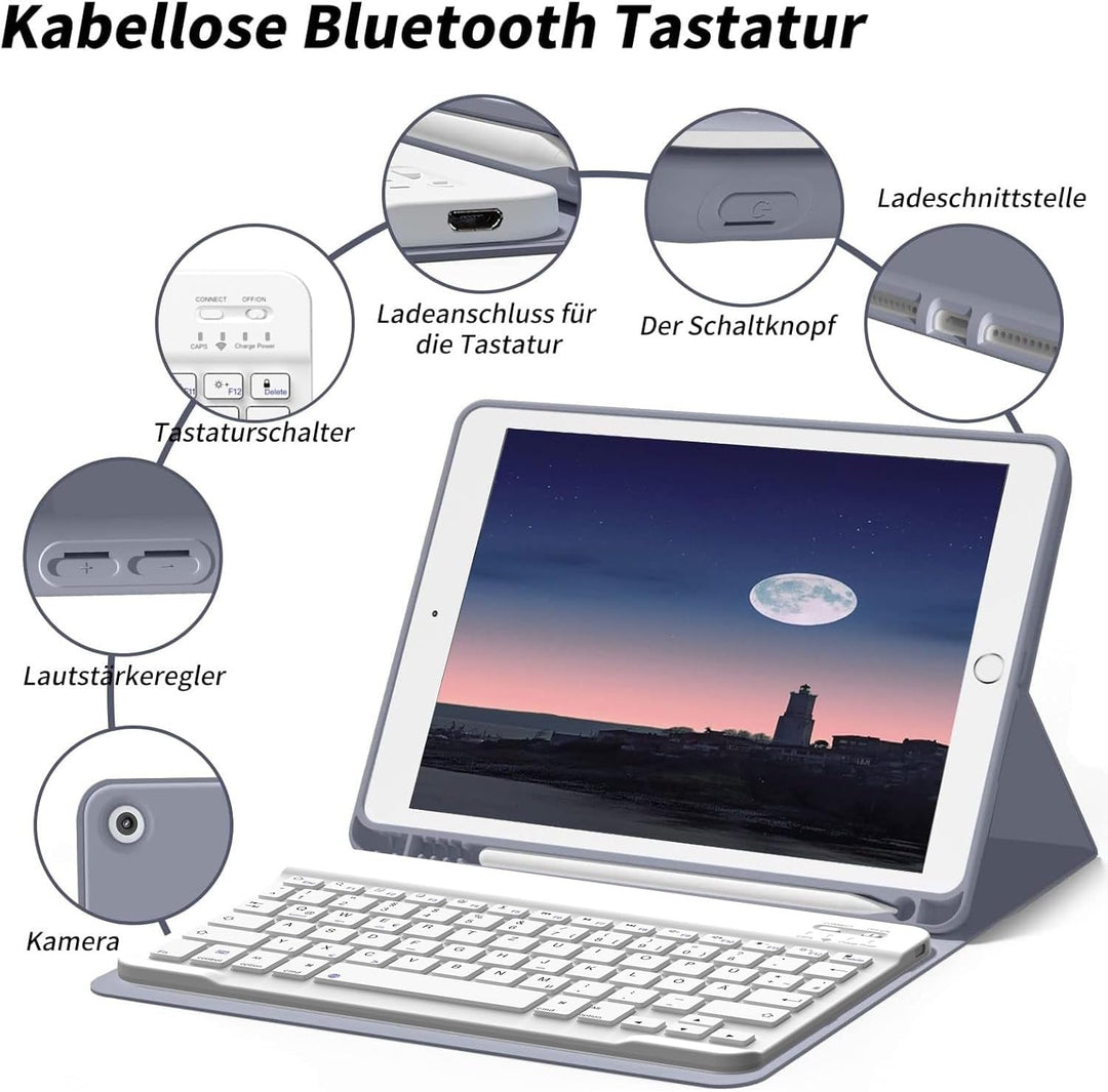 Hülle mit Tastatur für iPad 9. 8. 7. Generation 2021 2020 2019, iPad 9/8/ 7 10,2 Zoll Hülle mit Tast