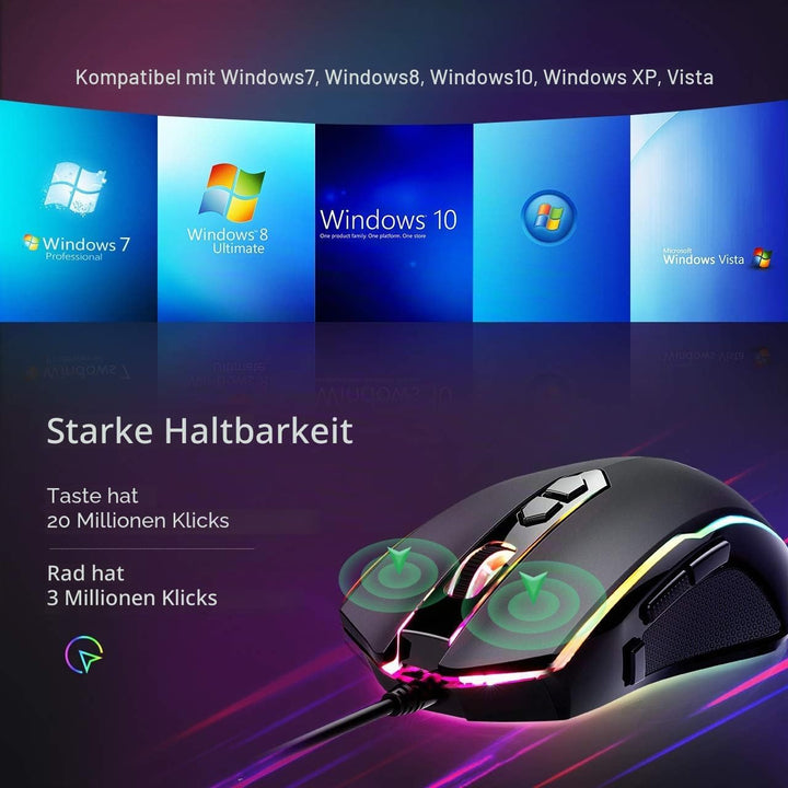 VIVIJO Gaming-Maus, kabelgebunden, hohe Leistung, Gaming-Maus mit 7200 dpi, verstellbar, RGB, 8 prog