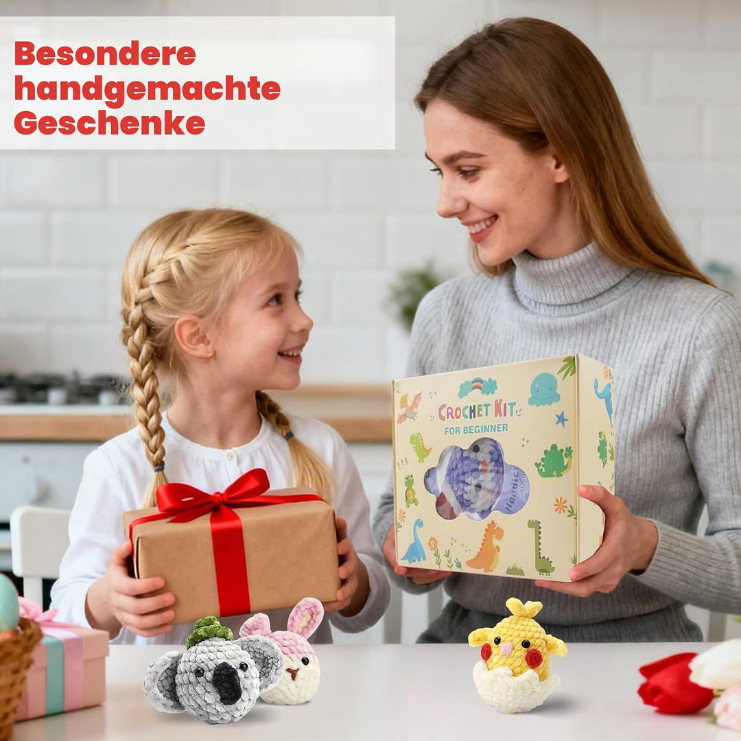 Welhammsae Häkelset für Anfänger, 4 Stück Tier Häckel Kit für Anfänger mit Garn, Häkelnadeln, Füllun
