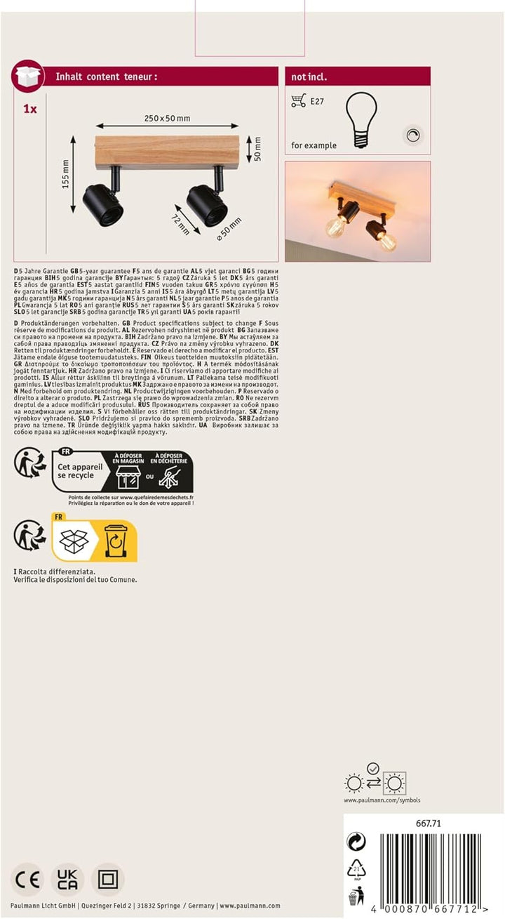 Paulmann 66771 Strahler Arvid 2-flammig max. 2x20 Watt Deckenleuchte Schwarz/Holz Spot Metall E27 2e