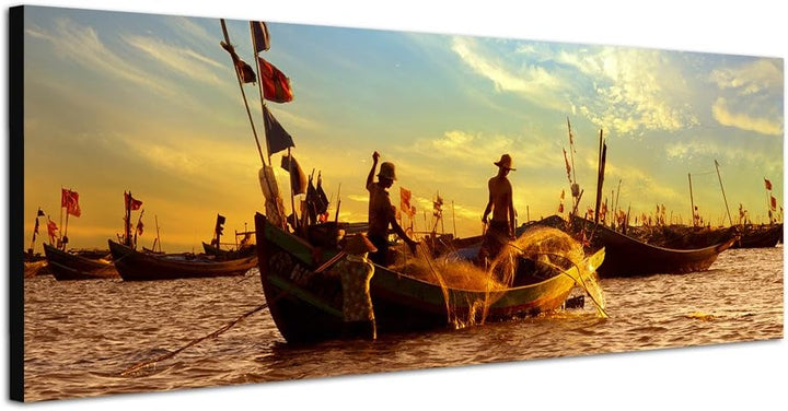 Paul Sinus Art Panoramabild auf Leinwand und Keilrahmen 150x50cm Meer Sonnenaufgang Fischerboote Fis