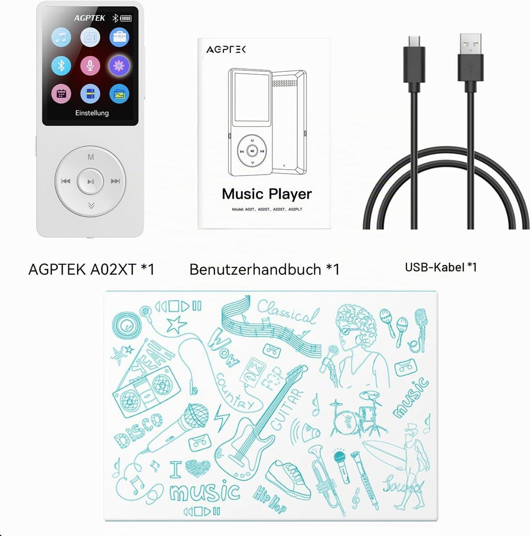 AGPTEK MP3 Player 32GB Bluetooth 5.3, 1.8 Zoll 40 Stunden Wiedergabezeit Digital Kinder MP3 Player m