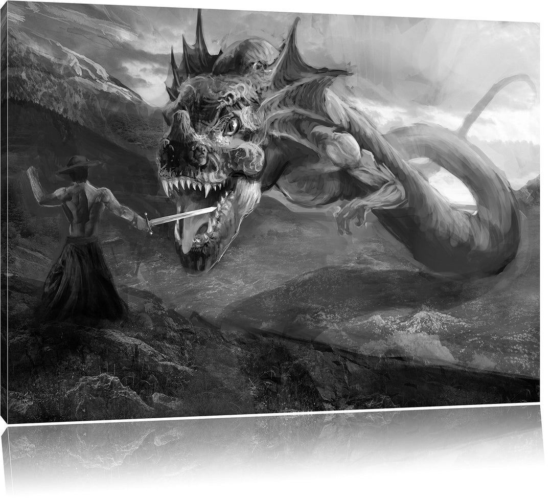 Pixxprint Drache kämpft gegen Krieger / 100x70cm Leinwandbild bespannt auf Holzrahmen/Wandbild Kunst