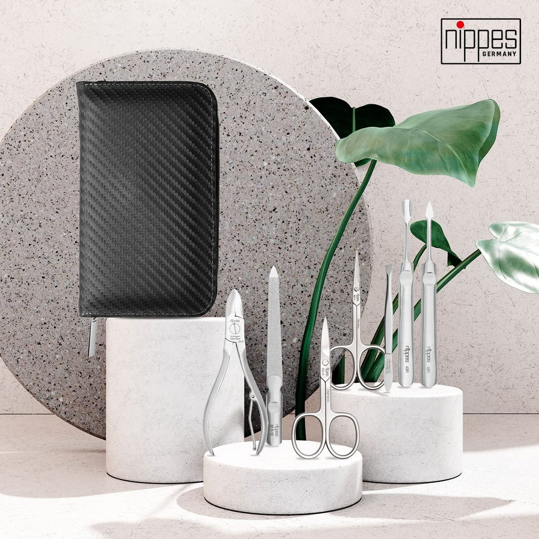 nippes Solingen Premium Line Maniküre Set Karbon, 7-teilig, Edelstahl rost- und nickelfrei, Rindsled