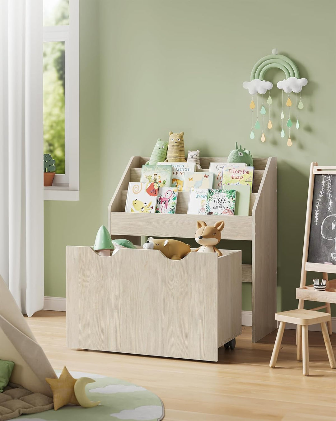 SONGMICS Bücherregal Kinder, Kinderregal, Spielzeugregal, mit 3 Regalebenen, Aufbewahrungsbox auf Ro