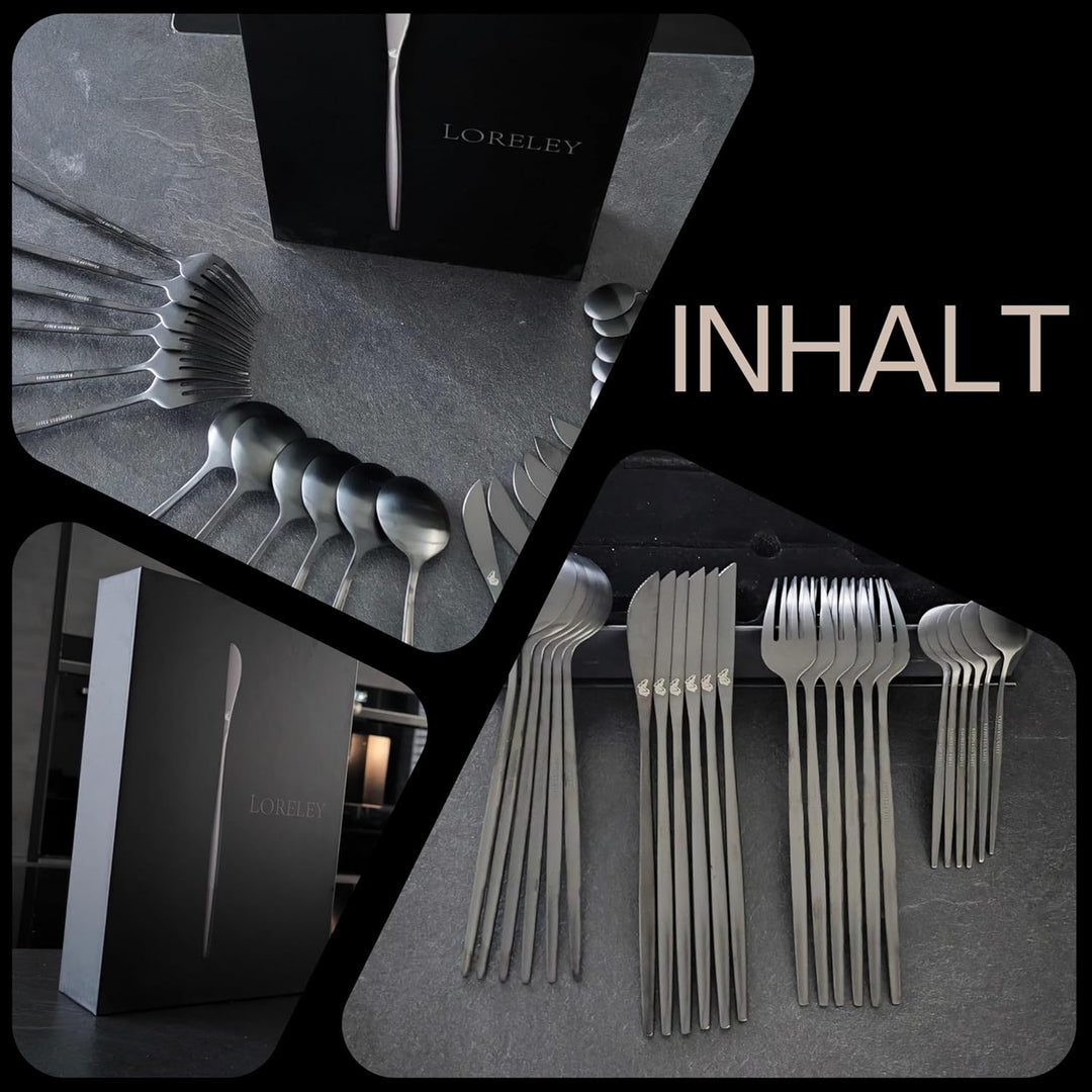 LORELEY® MITTELRHEIN Germany Premium Besteck Set Schwarz Matt – 24 teilig für 6 Personen – Edelstahl